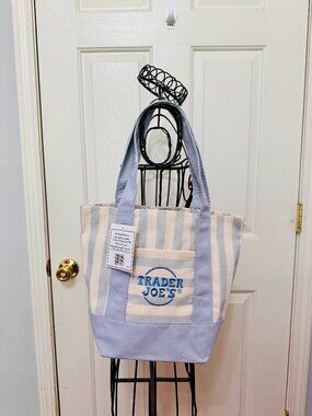 TIKTOK FAMOUS TRADER JOE'S PASTEL STRIPED MINI CANVAS TOTE BAG LIGHT BLUE